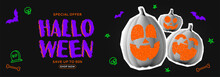 Holiday Banner For Halloween Sale. Halftone Pumpkins With Doodles. Vector Illustration In Collage Style. Ad Banner With Discount Offer For Promotion Of Halloween Sale Events With Halftone Items.