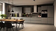 Contemporary Kitchen With Simple Furniture And Stylish Grey Design.