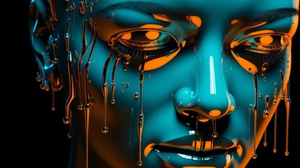 Sticker - close-up of a female face with dripping paint, digital art, cyborg, neon, fashionable futuristic woman