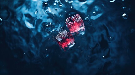  two ice cubes sitting on top of a blue surface.  generative ai