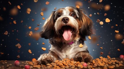 Happy dog with delicious pet food. Generative AI