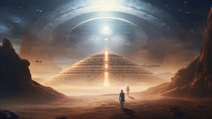 Planet of the ancients / 3D illustration of science fiction scene with astronaut encountering giant space ship on alien world