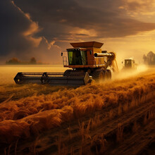A Combine Harvester Is Driving In A Field, In The Style Of Nikon D850, Dark Yellow And Light Orange, Grid Formations,