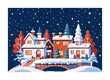 A Christmas village at night covered in snow. Template for Christmas card. Winter Christmas village landscape. Merry Christmas Card. Vector illustration