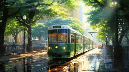 Sticker -  a painting of a green train on a rainy day in the city.  generative ai