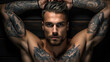 © piai - Muscular tattooed man lying on his back with his hands behind head looking at the camera. Generative AI