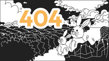 Dreamy Rabbits Looking On Sky Black White Error 404 Flash Message. Monochrome Website Landing Page Ui Design. Not Found Cartoon Image, Kawaii Vibes. Vector Flat Outline Illustration Concept