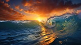 Fototapeta Morze -  a large wave in the ocean with a sunset in the background.  generative ai