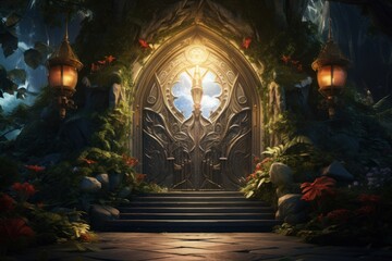 Wall Mural - Mysterious portal, halloween magic door in the dark forest.