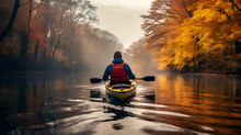 A Kayaker Floats Down The River In The Autumn Forest