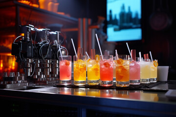 Several glasses with a cocktail on the bar counter of a nightclub.