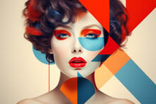 Beauty, Fine Art, Fashion Concept. Abstract Modern Art Collage Of Woman Portrait Made Of Various And Colorful Geometric Shapes And Paint Strokes. Generative AI