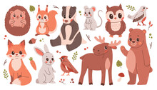 Big Set Of Cute Autumn Animals, Birds, Plants. Fall Season Stickers And Clipart. Thanksgiving Design On White.