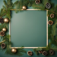 Holiday Background With Frame In The Middle Of Evergreen Tree Branches, Christmas And Festive Season Concept, Minimalistic Design, Copy Space