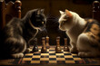 Two cats are playing chess. Several chess pieces on the board.