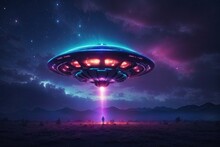 Alien Ufo Abduction Lit Up In The Night. Ai Generative
