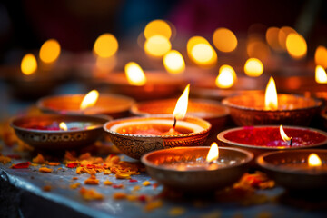 Wall Mural - Happy Diwali. Burning diya oil lamps Traditional symbols of Indian festival. 