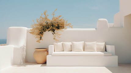 Generative AI, Ibiza aesthetic villa house and coast landscape, muted colors, minimalism