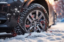 Car wheel with winter tire and snow chain in the snow. ai generative