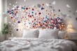 pillows flying over the bed in white room. ai generative