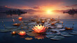 Lake covered in lotus flowers and lily pads, sunrise
