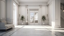 High Resolution Image Of Entrance To Apartment With White Interior And Marble Flooring.