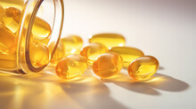 Transparent Yellow Vitamins On A Light Background. Vitamin D, Omega 3, Omega 6, Food Supplement Oil Filled Fish Oil, Vitamin A, Vitamin E, Flaxseed Oil.	