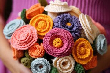 Wall Mural - Crocheted bouquet of colorful blooms in woman hands
