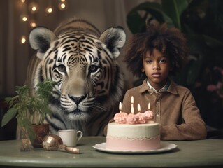 Wall Mural - Boy having birthday party with tiger. Minimal birthday concept