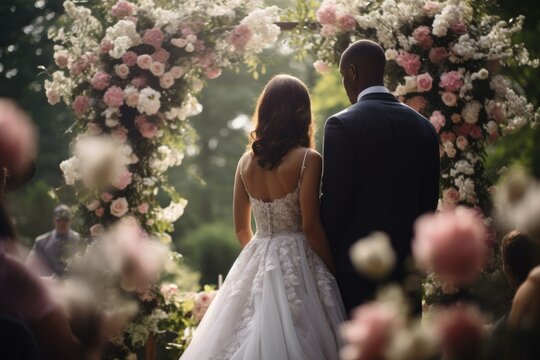 Wedding rear photography of a fictional bride and groom under an arch of flowers. Generative AI.