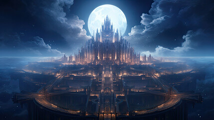 Wall Mural - Floating city, castle in the sky, night, moon, fantasy land