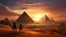Pyramids In The Desert And Camels Passing By At Sunset Created With Generative AI