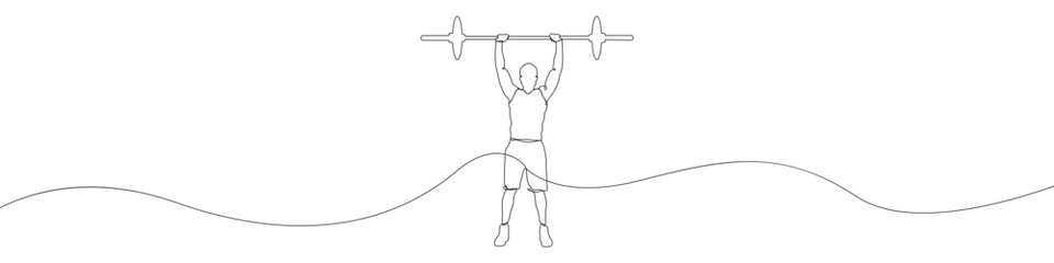 Poster - Athlete icon line continuous drawing vector. One line Athlete with a barbell icon vector background. Lifting pants is a sport icon. Continuous outline of a Olympic athlete icon.