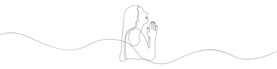Poster - Man prays icon line continuous drawing vector. One line Woman in prayer icon vector background. Prayer icon. Continuous outline of a Communication with God icon.