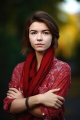 Wall Mural - portrait of an attractive young woman standing with her arms folded outside