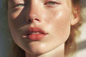 a close-up portrait of a young woman with blonde hair and freckles, basking in sunlight. her natural