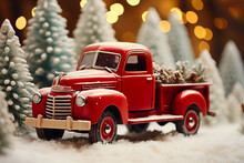 Red Small Retro Toy Truck Standing In A Snowy Winter Forest
