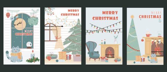 Wall Mural - Christmas holiday cover brochure set in trendy flat design. Poster templates with cozy room, window with candles and decor, festive fir tree with toys and gifts, cute cat at home. Vector illustration.