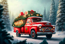 Red Car Pickup Truck Decorated With Christmas Wreath, Blankets, Pillows And Gift Boxes With Presents Is Standing In Forest, Santa Claus's Magic Transport, New Year And Christmas Banner Background
