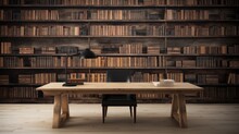 Wooden Table With A Modern Library Background For Displaying And Showcasing Products.