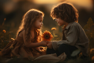 Young love a boy giving sunflower to a girl at sunset