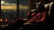 In an upscale city high-rise, the devil sits, deep in thought. This intriguing juxtaposition paints a scene of dark introspection against the backdrop of urban opulence.