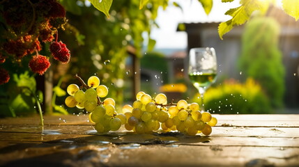 Wall Mural - A bunch of grapes on a wooden table in the garden in the rain.Generative AI