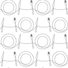 Cutlery Seamless Pattern Vector. Line Continuous Knife Fork Plate Set. Tableware Background. Kitchen Outline Backdrop, Cooking Wallpaper, Fabric, Textile, Print, Cafe, Menu, Dishware Shop Brochure.