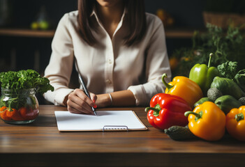 Young female nutritionist writing on paper on wooden table