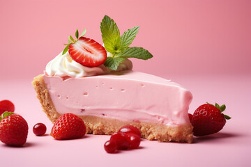 Slice of strawberry cake on pink background