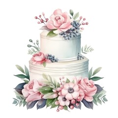 Poster - Watercolor wedding cake with flowers isolated.