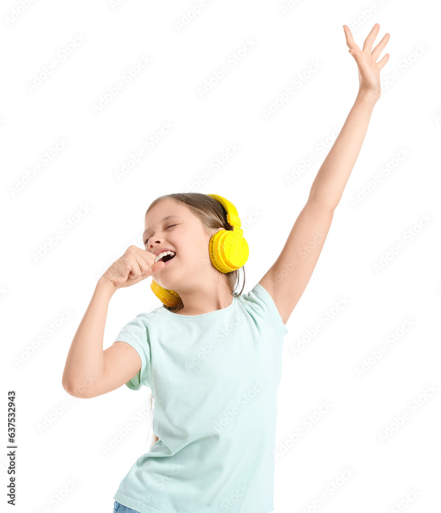 Little girl in headphones singing on white background