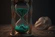 Hourglass with green sand inside. Concept of time passing
