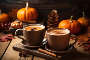 Wall Mural - Warm cups of apple cider and pumpkin spice lattes